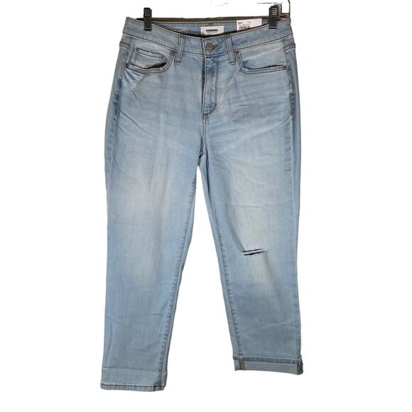 New‎ Sonoma Women’s Curvy Capri Jeans Size 8 Distressed Stretch High Rise Ripped - Picture 1 of 11